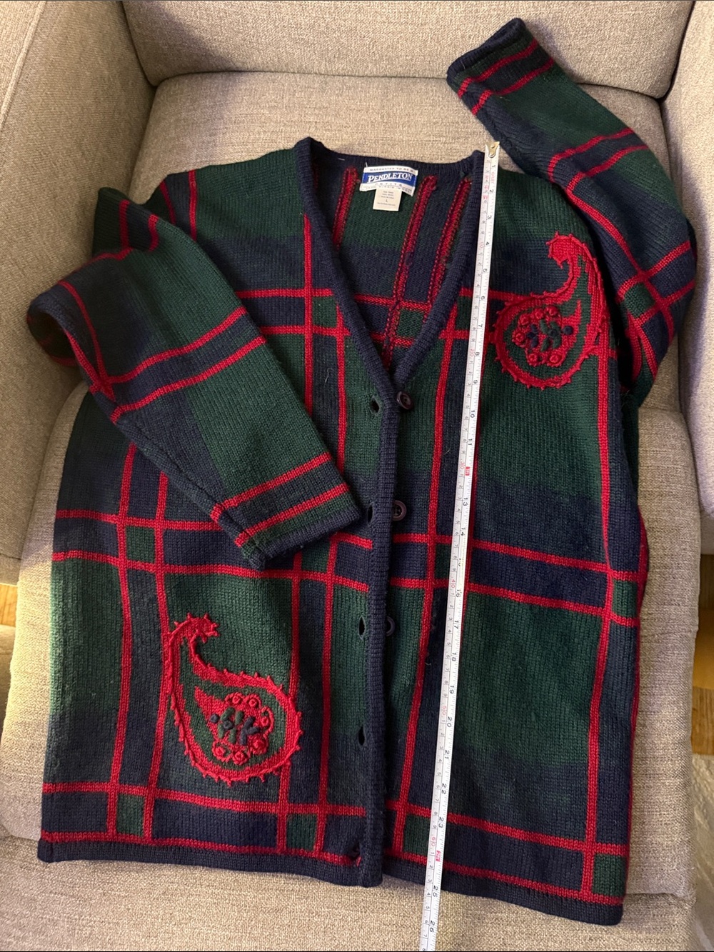 Pendleton Green Navy Plaid Cardigan with Red Paisley Embroidery